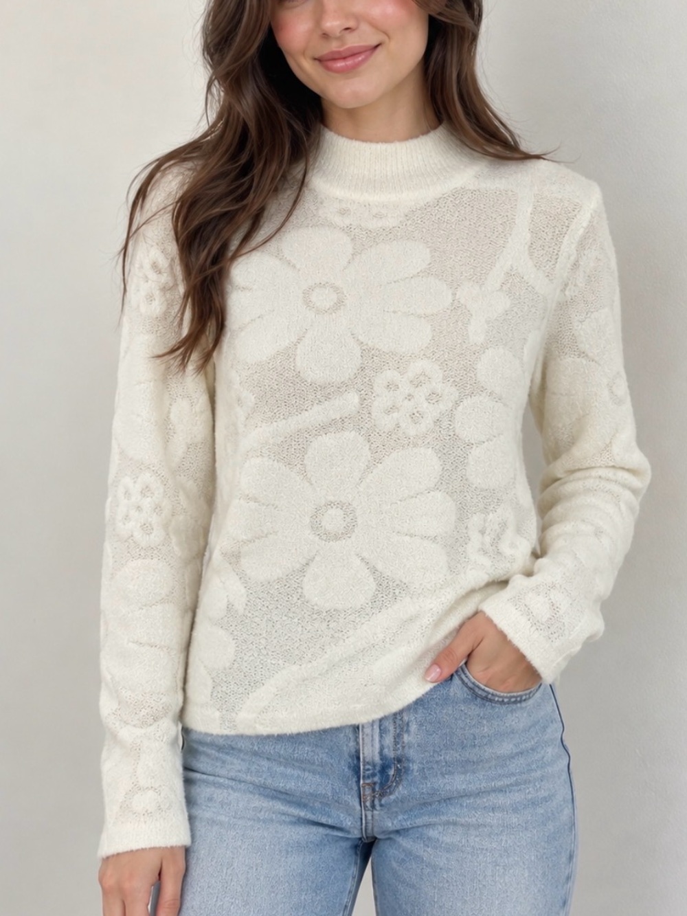 Anniewear Ivory Textured Floral Mock Neck Sweater XL Knit Long Sleeve